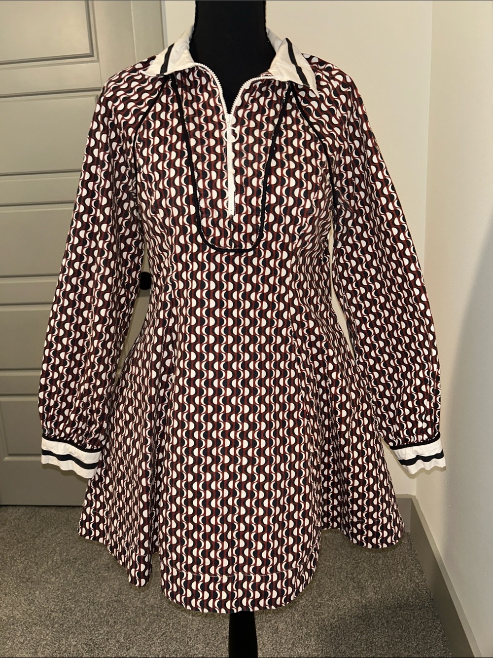 Maeve Long-Sleeve Geometric Fit-and-Flare Dress in Brown and White